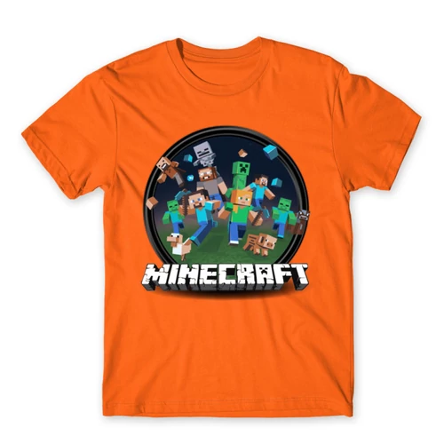 Narancs Minecraft férfi rövid ujjú póló - Kerek Minecraft logó II.