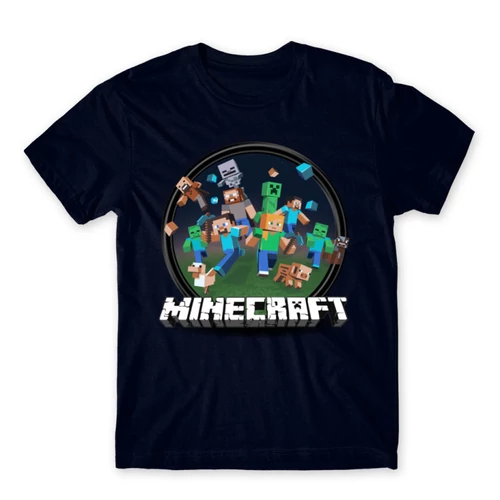 Sötétkék Minecraft férfi rövid ujjú póló - Kerek Minecraft logó II.
