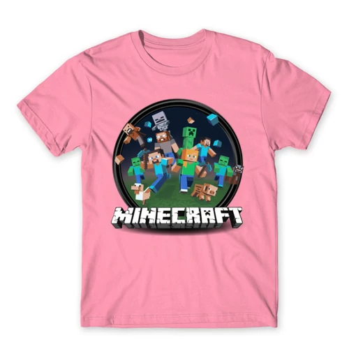 Világos rózsaszín Minecraft férfi rövid ujjú póló - Kerek Minecraft logó II.