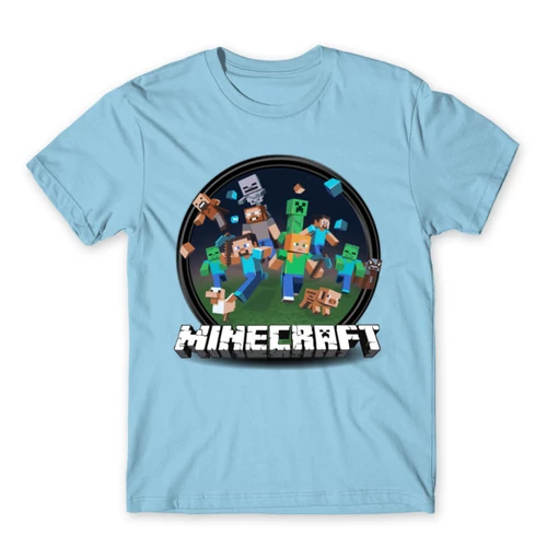 Világoskék Minecraft férfi rövid ujjú póló - Kerek Minecraft logó II.