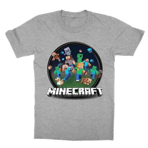 Sportszürke Minecraft gyerek rövid ujjú póló - Kerek Minecraft logó II.