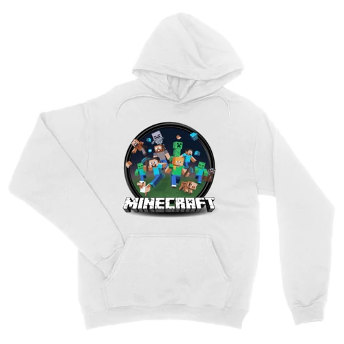 Fehér Minecraft unisex kapucnis pulóver - Kerek Minecraft logó II.