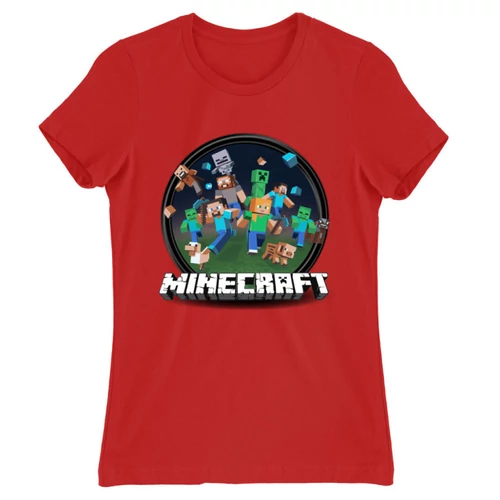Piros Minecraft női rövid ujjú póló - Kerek Minecraft logó 2
