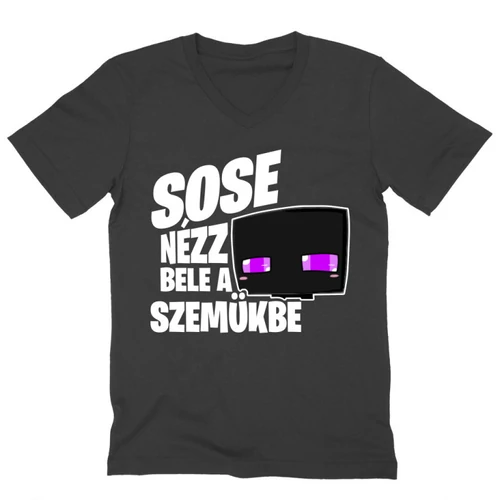 Sötétszürke Minecraft férfi V-nyakú póló - Sose nézz bele a szemükbe – Enderman