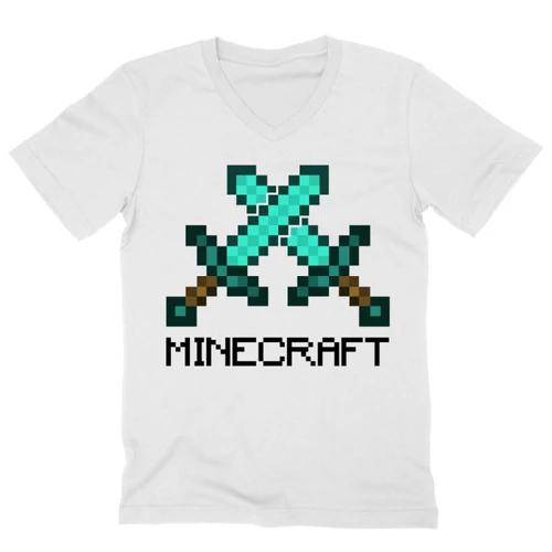 Fehér Minecraft férfi V-nyakú póló - Swords