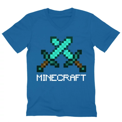 Királykék Minecraft férfi V-nyakú póló - Swords