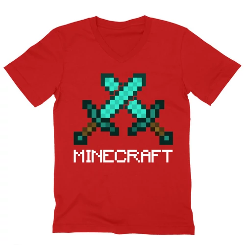 Piros Minecraft férfi V-nyakú póló - Swords