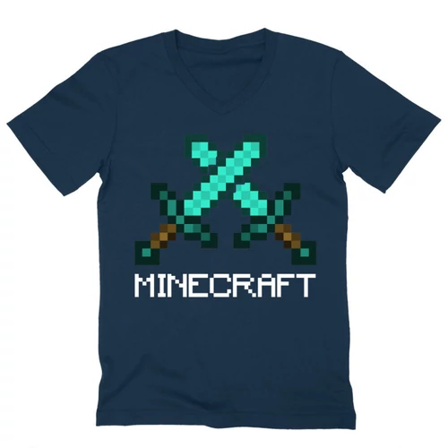 Sötétkék Minecraft férfi V-nyakú póló - Swords