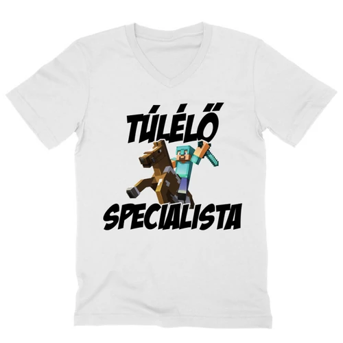 Fehér Minecraft férfi V-nyakú póló - Túlélő specialista