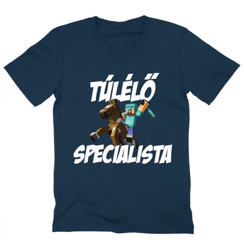 Sötétkék Minecraft férfi V-nyakú póló - Túlélő specialista