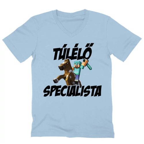 Világoskék Minecraft férfi V-nyakú póló - Túlélő specialista