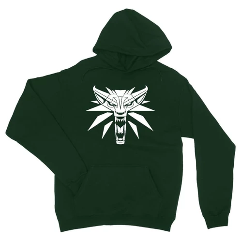 Sötétzöld The Witcher unisex kapucnis pulóver - Wolf head logo