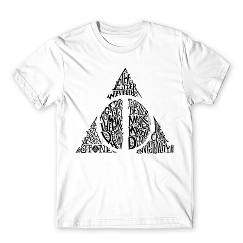 Fehér Harry Potter férfi rövid ujjú póló - Deathly hallows text