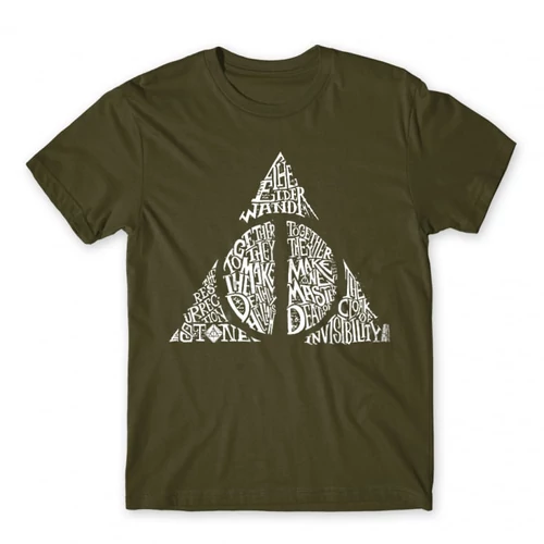 Khaki Harry Potter férfi rövid ujjú póló - Deathly hallows text