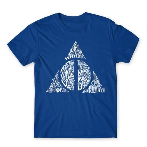 Királykék Harry Potter férfi rövid ujjú póló - Deathly hallows text
