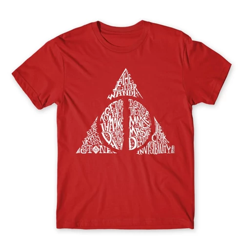 Piros Harry Potter férfi rövid ujjú póló - Deathly hallows text