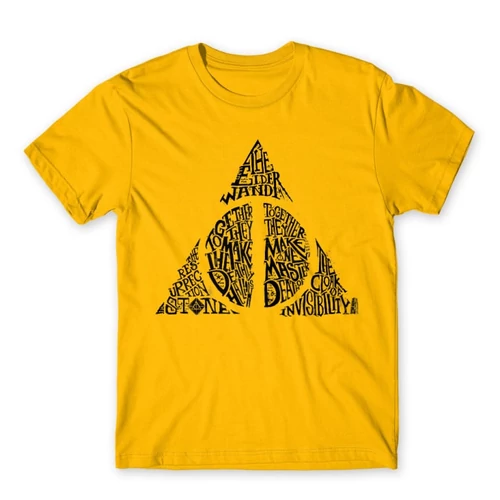 Sárga Harry Potter férfi rövid ujjú póló - Deathly hallows text