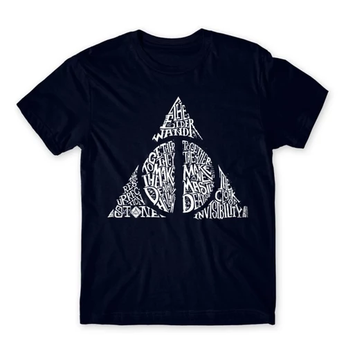 Sötétkék Harry Potter férfi rövid ujjú póló - Deathly hallows text