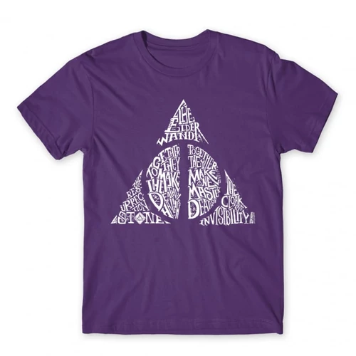 Sötétlila Harry Potter férfi rövid ujjú póló - Deathly hallows text