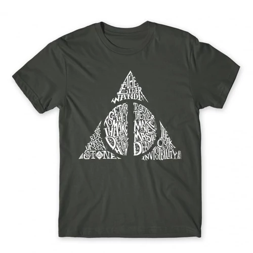 Sötétszürke Harry Potter férfi rövid ujjú póló - Deathly hallows text