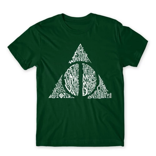 Sötétzöld Harry Potter férfi rövid ujjú póló - Deathly hallows text