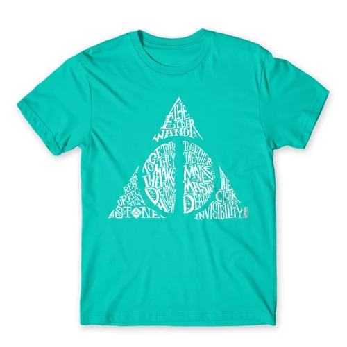 Türkiz Harry Potter férfi rövid ujjú póló - Deathly hallows text