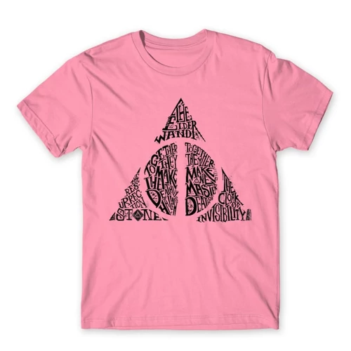 Világosrózsaszín Harry Potter férfi rövid ujjú póló - Deathly hallows text