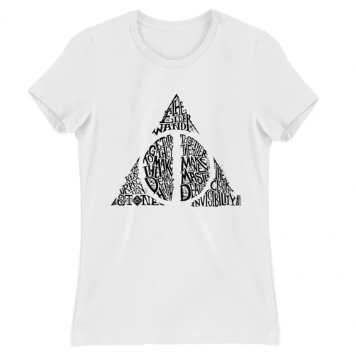 Fehér Harry Potter női rövid ujjú póló - Deathly hallows text