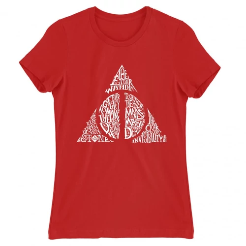 Piros Harry Potter női rövid ujjú póló - Deathly hallows text