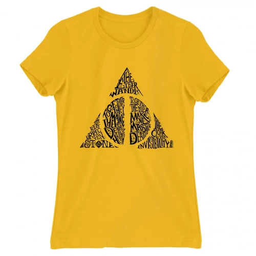 Sárga Harry Potter női rövid ujjú póló - Deathly hallows text