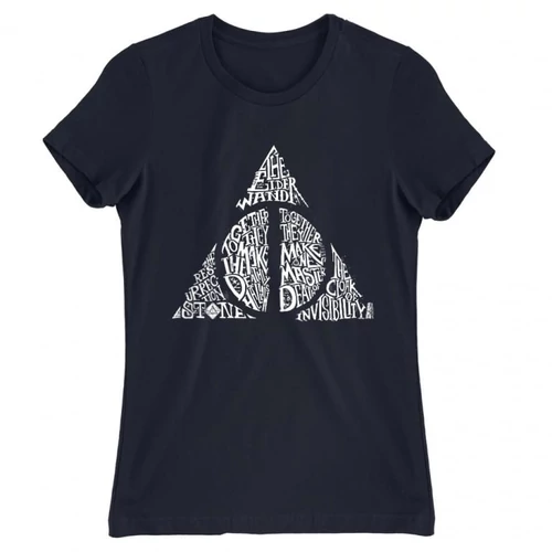 Sötétkék Harry Potter női rövid ujjú póló - Deathly hallows text
