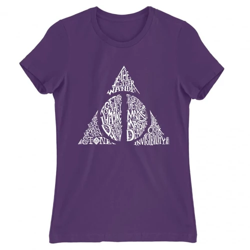 Sötétlila Harry Potter női rövid ujjú póló - Deathly hallows text