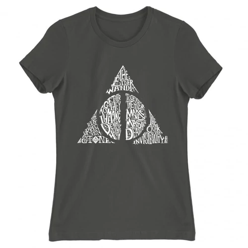 Sötétszürke Harry Potter női rövid ujjú póló - Deathly hallows text