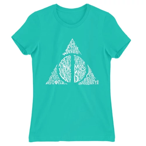 Türkiz Harry Potter női rövid ujjú póló - Deathly hallows text