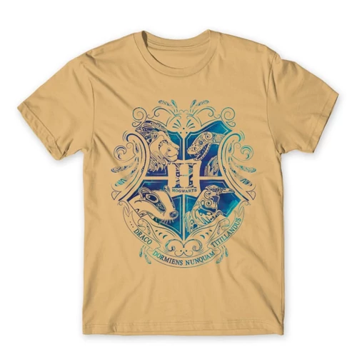 Homok Harry Potter férfi rövid ujjú póló - Hogwarts Logo Art 