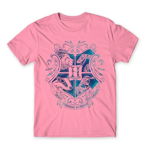 Világos rózsaszín Harry Potter férfi rövid ujjú póló - Hogwarts Logo Art 