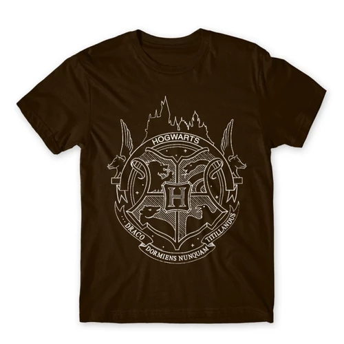 Barna Harry Potter férfi rövid ujjú póló - Hogwarts Logo Lineart