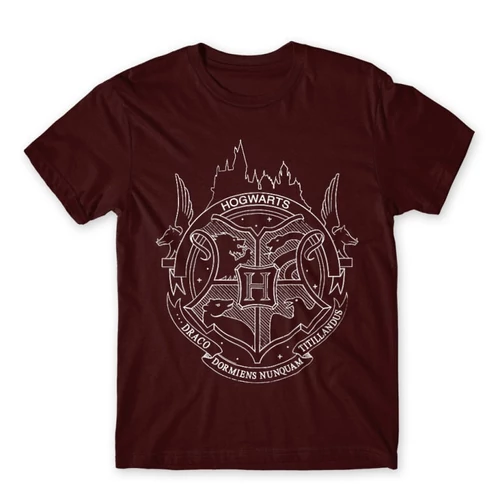 Bordó Harry Potter férfi rövid ujjú póló - Hogwarts Logo Lineart