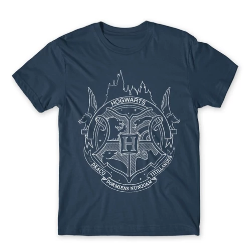 Denim Harry Potter férfi rövid ujjú póló - Hogwarts Logo Lineart