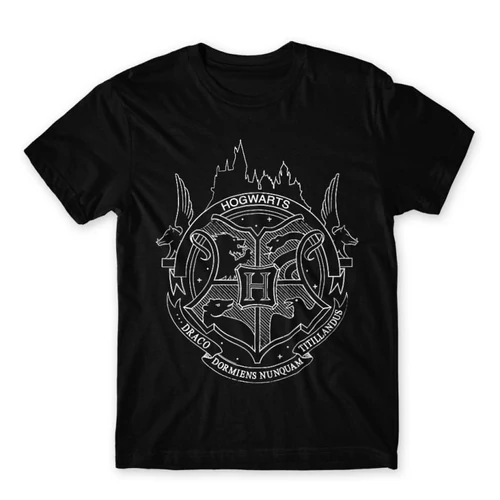 Fekete Harry Potter férfi rövid ujjú póló - Hogwarts Logo Lineart