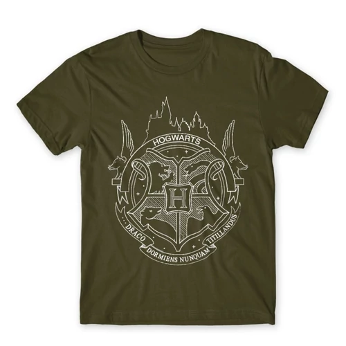 Khaki Harry Potter férfi rövid ujjú póló - Hogwarts Logo Lineart