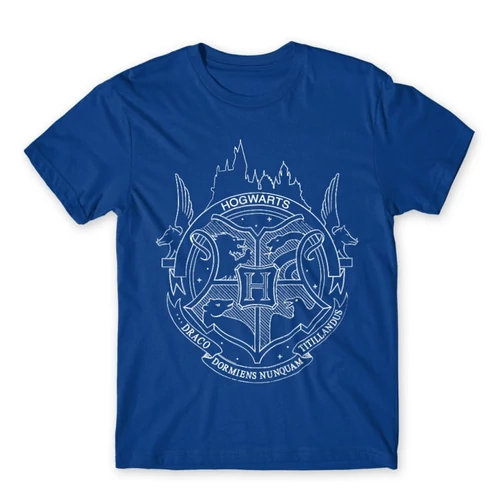 Királykék Harry Potter férfi rövid ujjú póló - Hogwarts Logo Lineart