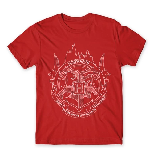 Piros Harry Potter férfi rövid ujjú póló - Hogwarts Logo Lineart