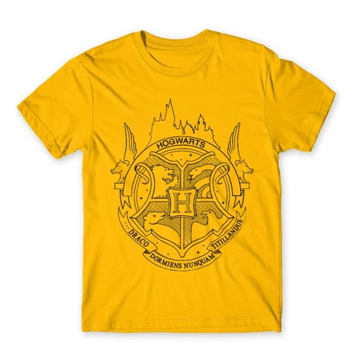 Sárga Harry Potter férfi rövid ujjú póló - Hogwarts Logo Lineart