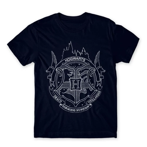 Sötétkék Harry Potter férfi rövid ujjú póló - Hogwarts Logo Lineart