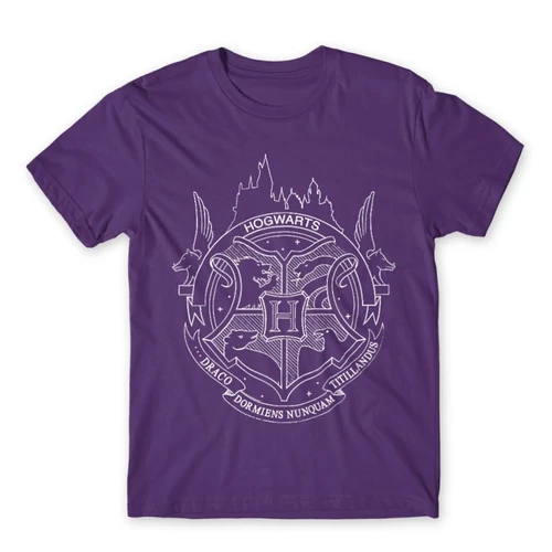 Sötétlila Harry Potter férfi rövid ujjú póló - Hogwarts Logo Lineart