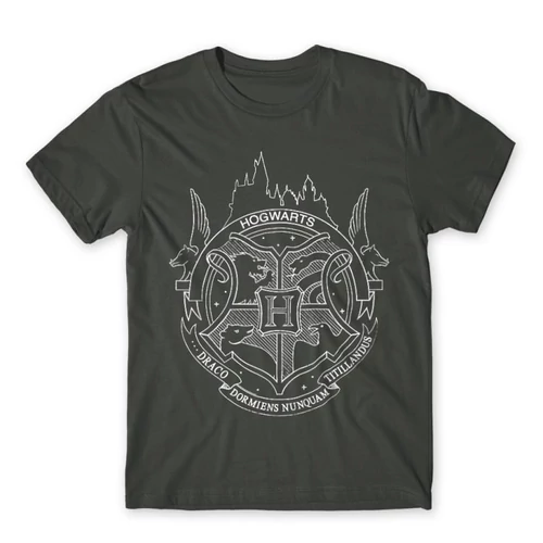 Sötétszürke Harry Potter férfi rövid ujjú póló - Hogwarts Logo Lineart