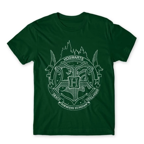 Sötétzöld Harry Potter férfi rövid ujjú póló - Hogwarts Logo Lineart