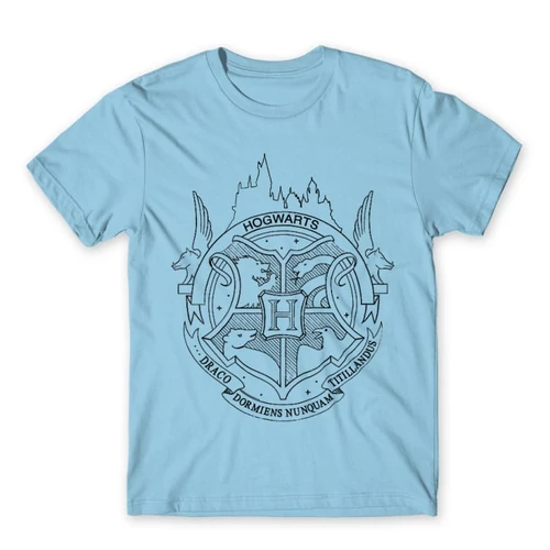 Világoskék Harry Potter férfi rövid ujjú póló - Hogwarts Logo Lineart