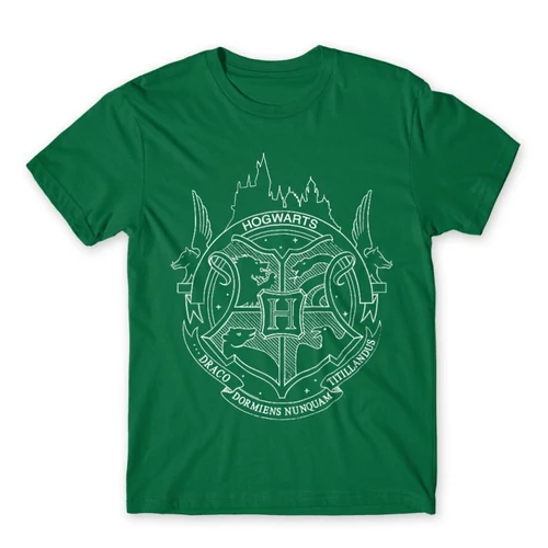 Zöld Harry Potter férfi rövid ujjú póló - Hogwarts Logo Lineart